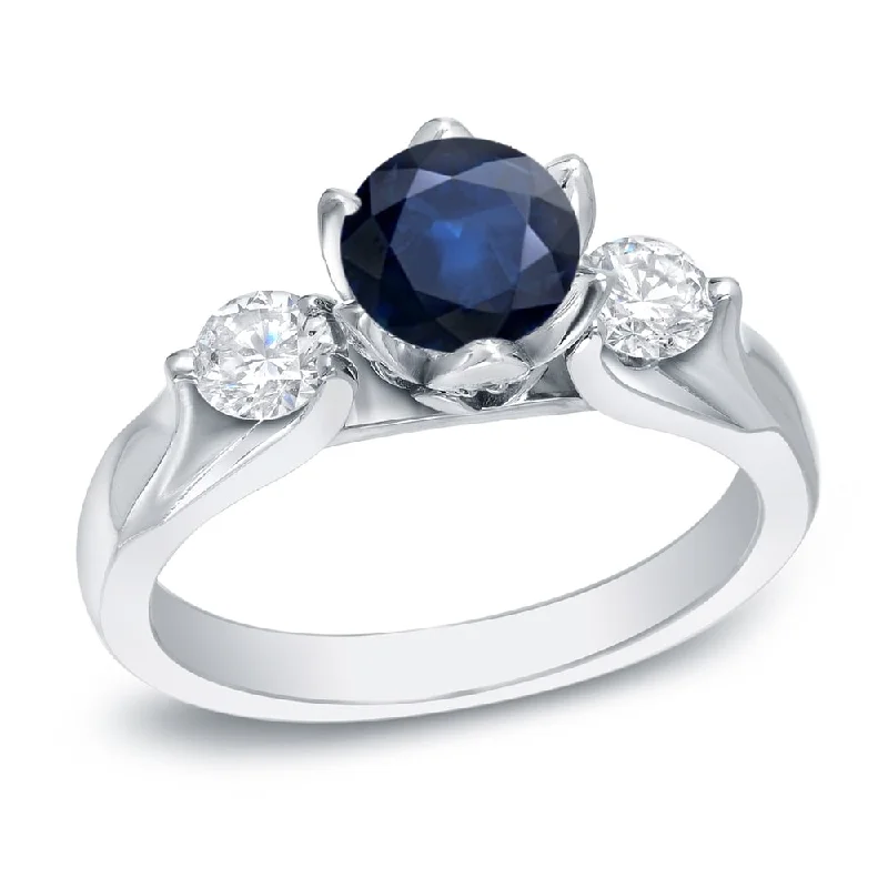 Auriya Flower 3-Stone 1ct Blue Sapphire and 4/5ct TDW Diamond Engagement Ring 14k Gold