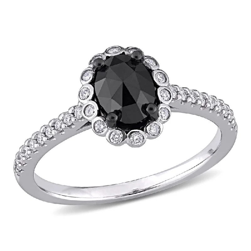 Miadora 14k White Gold 1 1/5ct TDW Oval Black & White Diamond Halo Engagement Ring