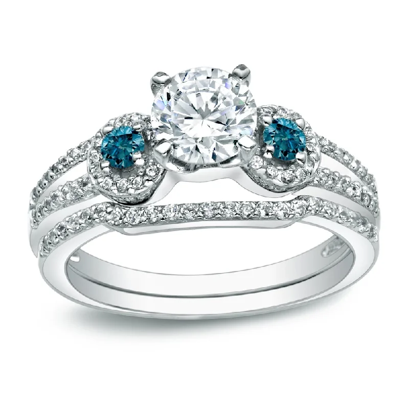 Auriya 14k Gold Round 1ctw 3-Stone Diamond Engagement Ring Set with Blue Diamond Accents