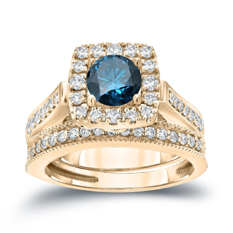 Auriya 1ctw Round Halo Blue Diamond Engagement Ring Set 14k Gold