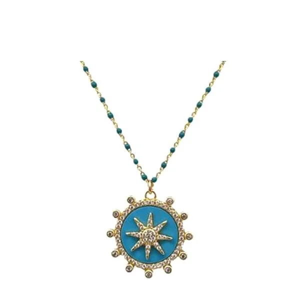 Enamel Starburst Charm on Plated or Gold Vermeil Beaded Chain:Turquoise (_NGP756TQ)