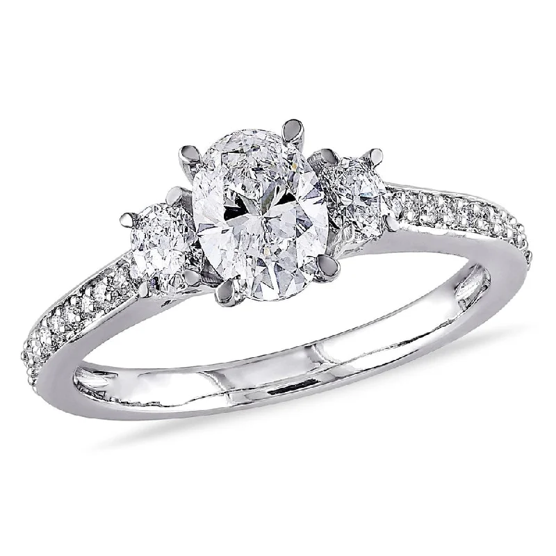 Miadora 14k White Gold 1 1/10ct TDW Diamond Oval and Round-Cut Diamond 3-Stone Engagement Ring