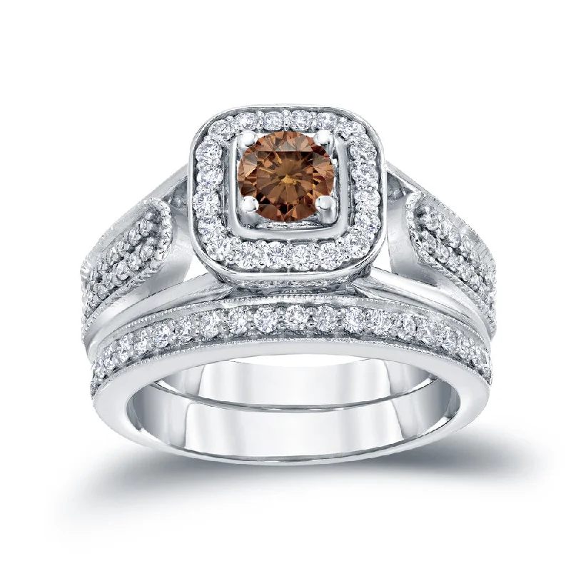 14k Gold 3/4ct TDW Brown Diamond Halo Engagement Ring Set by Auriya