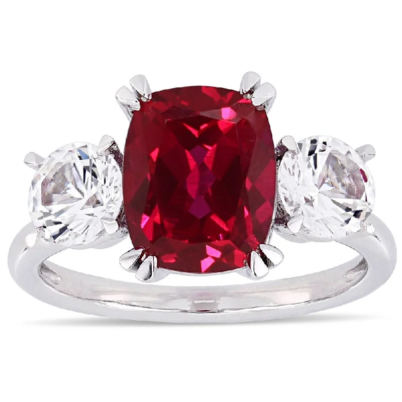 Miadora 10k White Gold Created Ruby and Created White Sapphire Cushion 3-Stone Engagement Ring