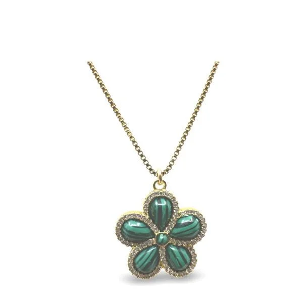 Stone Flower With CZ on Gold Fill Chain Necklace: Malachite (NGCP45FLML)