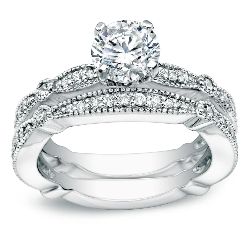 Auriya Platinum Vintage 1ct TDW Certified Round-cut Diamond Engagement Ring Bridal Set