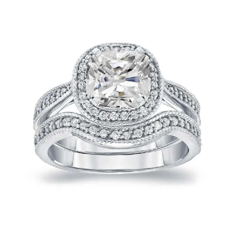 Auriya 1 5/8ctw Vintage Cushion-cut Diamond Halo Engagement Ring Set 14k Gold Certified