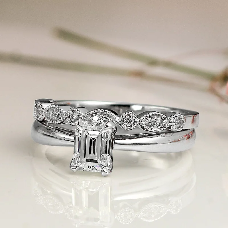 Auriya 14k Gold 1ctw Vintage Emerald-cut Solitaire Diamond Engagement Ring Set