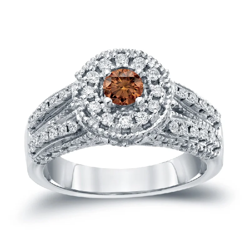 14k Gold Round 3/4ct TDW Brown Diamond with Halo Engagement Ring by Auriya