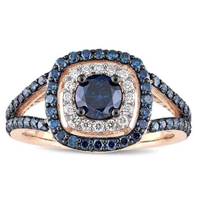 Miadora Signature Collection 10k Rose Gold with Black Rhodium 1-1/3ct TDW Blue and White Diamond Double Halo Engagement Ring