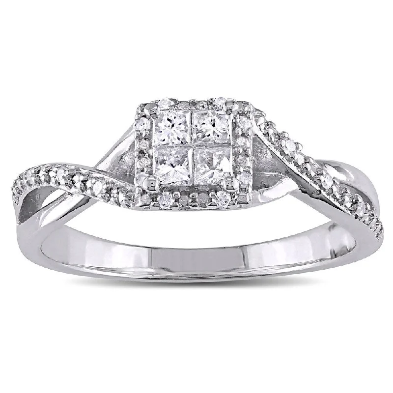 Miadora Sterling Silver 1/4ct TDW Princess-cut Diamond Crossover Halo Engagement Ring