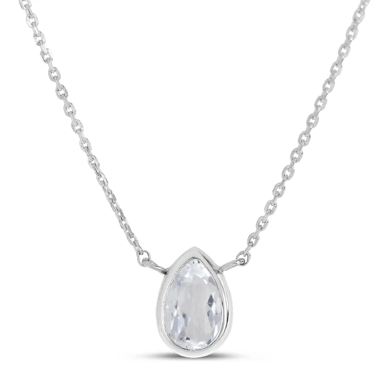 14K White Gold 6x4mm Pear Shaped White Topaz Birthstone Necklace