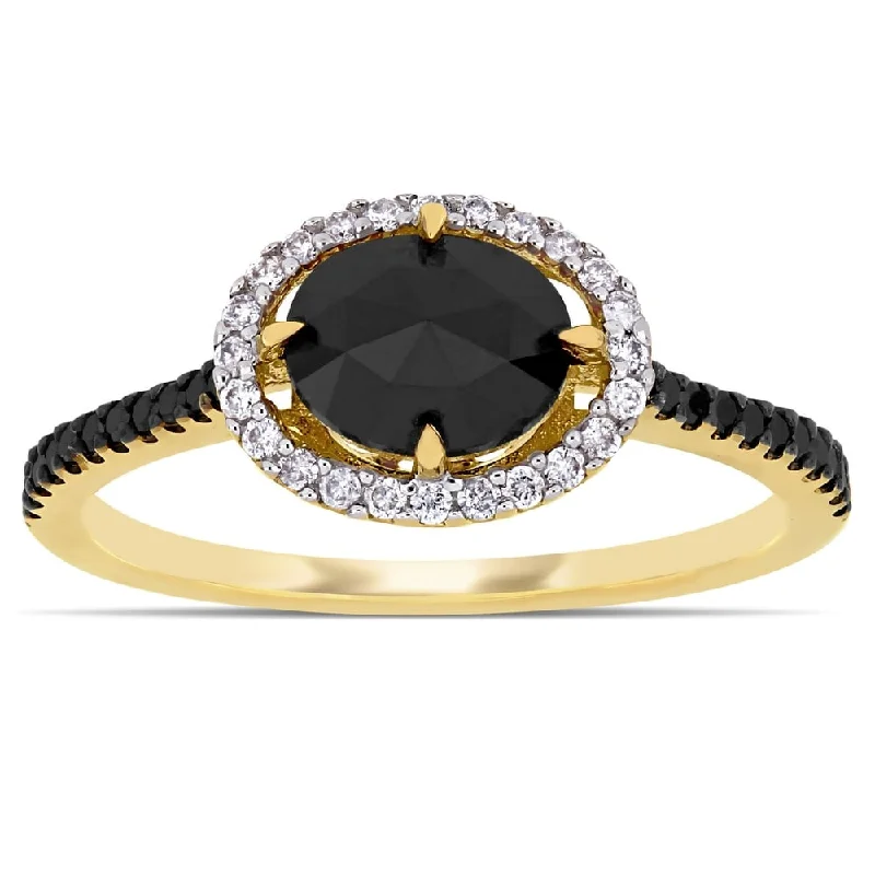 Miadora 14k Yellow Gold 1 1/5ct TDW Black and White Diamond Oval Halo Engagement Ring