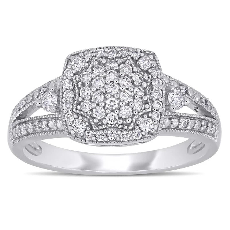 Miadora 10k White Gold 1/3ct TDW Diamond Cluster Square Halo Split Shank Engagement Ring