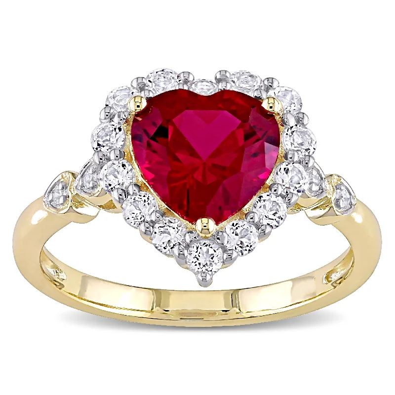 Miadora 10k Yellow Gold Created Ruby, White Topaz & Diamond Halo Heart Engagement Ring