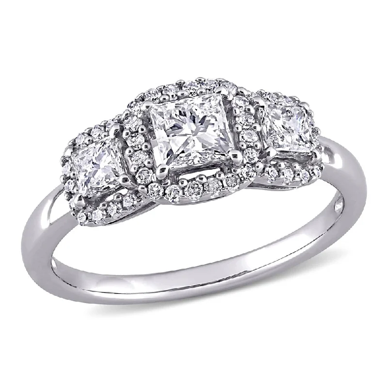 Miadora 10k White Gold 1ct TDW Princess-cut Diamond 3-Stone Halo Engagement Ring