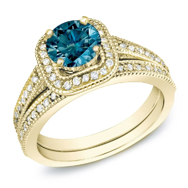 Auriya 14k Gold 1 carat TW Unique Halo Blue Diamond Engagement Ring Set