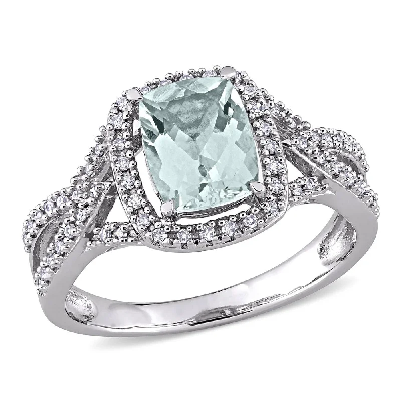 Miadora 10k White Gold Cushion Aquamarine & 1/6ct TDW Diamond Halo Split Shank Engagement Ring