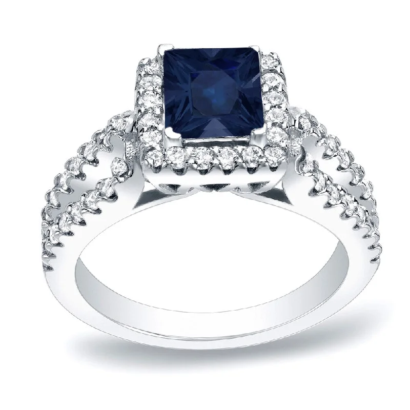 Platinum Princess-Cut 1ct Blue Sapphire and 3/4ct TDW Diamond Halo Engagement Ring