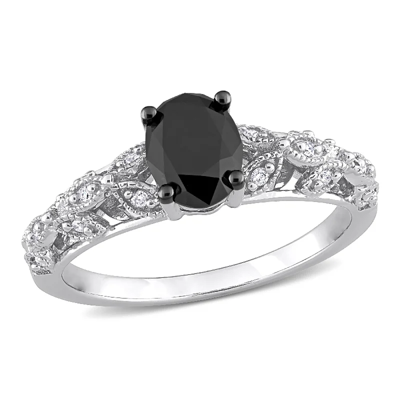 Miadora 1ct TDW Oval-cut Black and White Diamond Vintage Leaf Engagement Ring in 14k White Gold