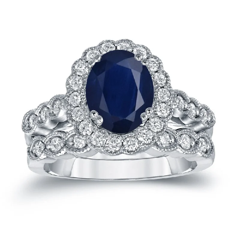 Auriya Vintage 2 1/2ct Sapphire Oval and 3/5ctw Halo Diamond Engagement Ring Set Platinum