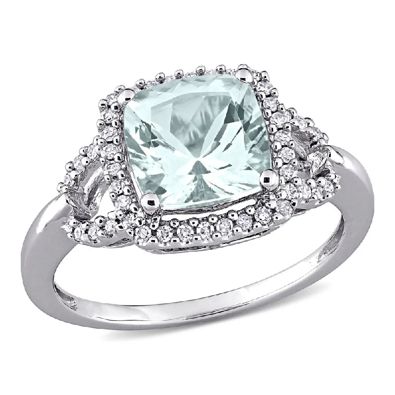 Miadora 10k White Gold Cushion-cut Aquamarine and 1/6ct TDW Diamond Halo Engagement Ring