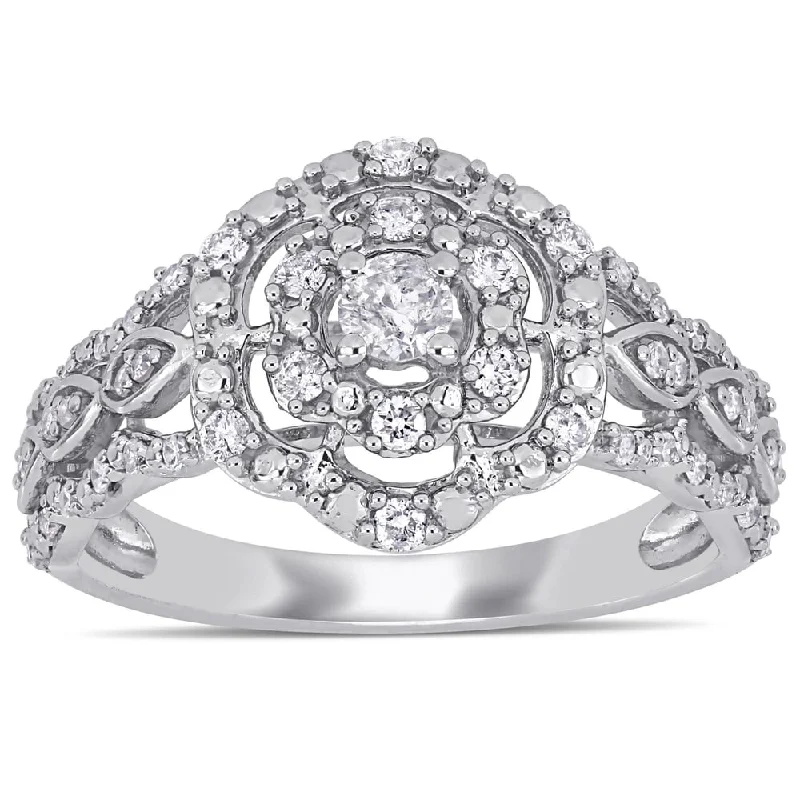 Miadora 10k White Gold 3/8ct TDW Diamond Floral Halo Engagement Ring