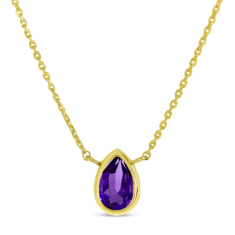 14K Yellow Gold 6x4mm Pear Shaped Amethyst Birthstone Necklace