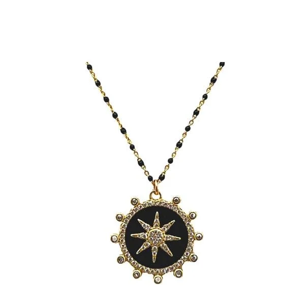 Enamel Starburst Charm on Plated or Gold Vermeil Beaded Chain: Black (_NGP756X)