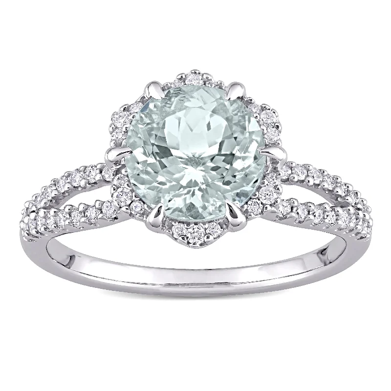 Miadora 14k White Gold Aquamarine and 1/3ct TDW Diamond Floral Halo Split Shank Engagement Ring