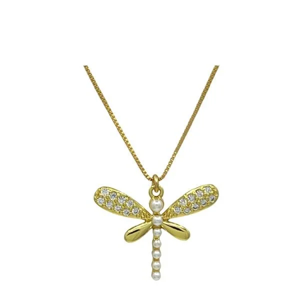 Dragonfly With Fresh Water Pearls & CZ Necklace (NGCP4853DF)