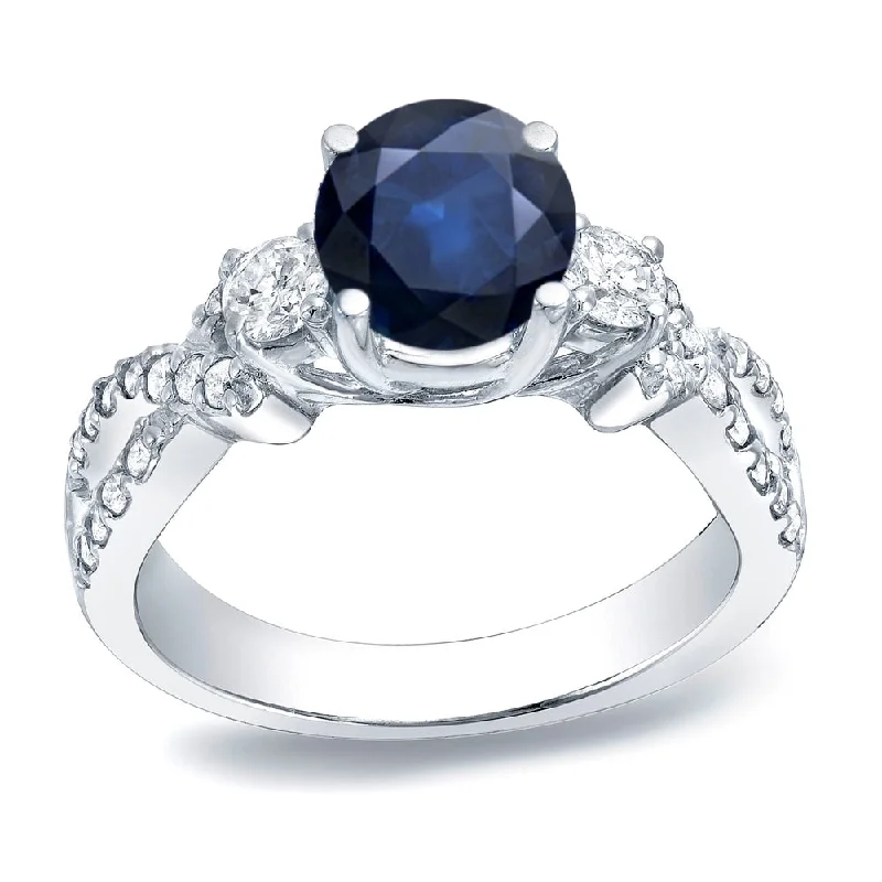 Platinum Round 1ct Sapphire and 1/2ct TDW 3-Stone Diamond Engagement Ring by Auriya