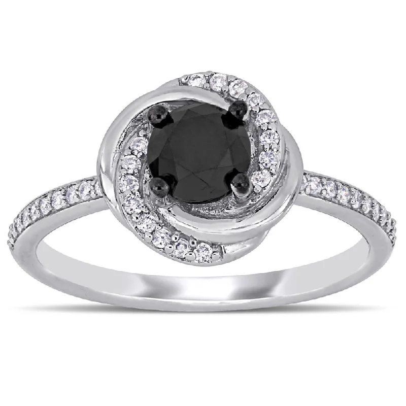 Miadora 14k White Gold 1 1/10ct TDW Black and White Diamond Swirl Halo Engagement Ring