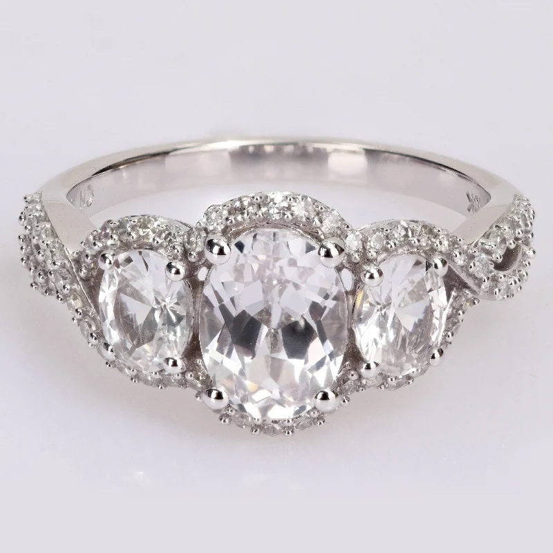 Miadora 10k White Gold Oval Created White Sapphire & 1/3ct TDW Diamond 3-Stone Halo Engagement Ring