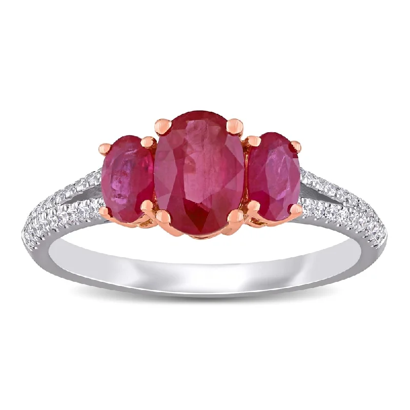 Miadora 14k White and Rose Gold Ruby and 1/6ct TDW Diamond 3-Stone Engagement Ring