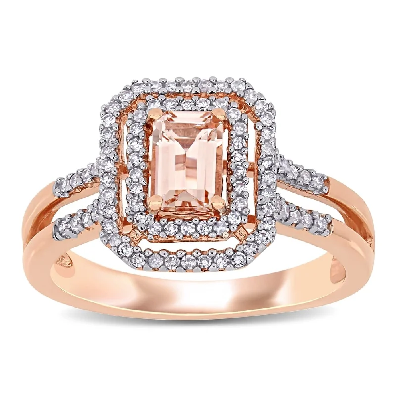 Miadora 10k Rose Gold Octagon-cut Morganite and 1/4ct TDW Diamond Double Halo Split Shank Engagement Ring