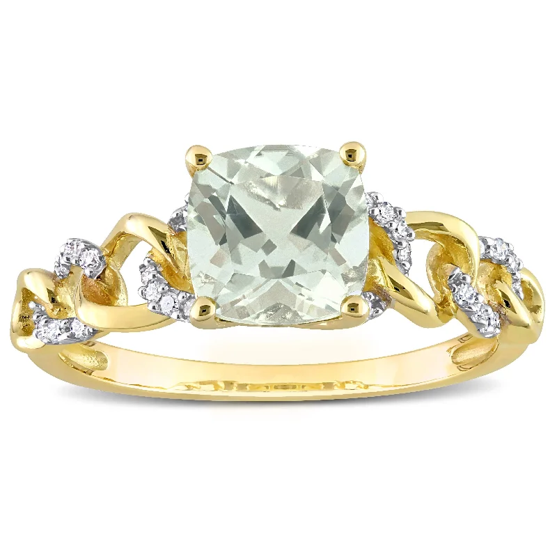 Miadora Cushion Green Quartz and 1/10ct TDW Diamond Link Engagement Ring in 10k Yellow Gold