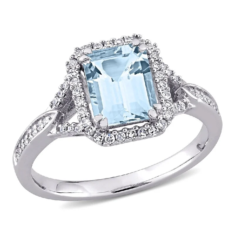 Miadora 14k White Gold Octagon-cut Aquamarine and 1/5ct TDW Diamond Halo Engagement Ring