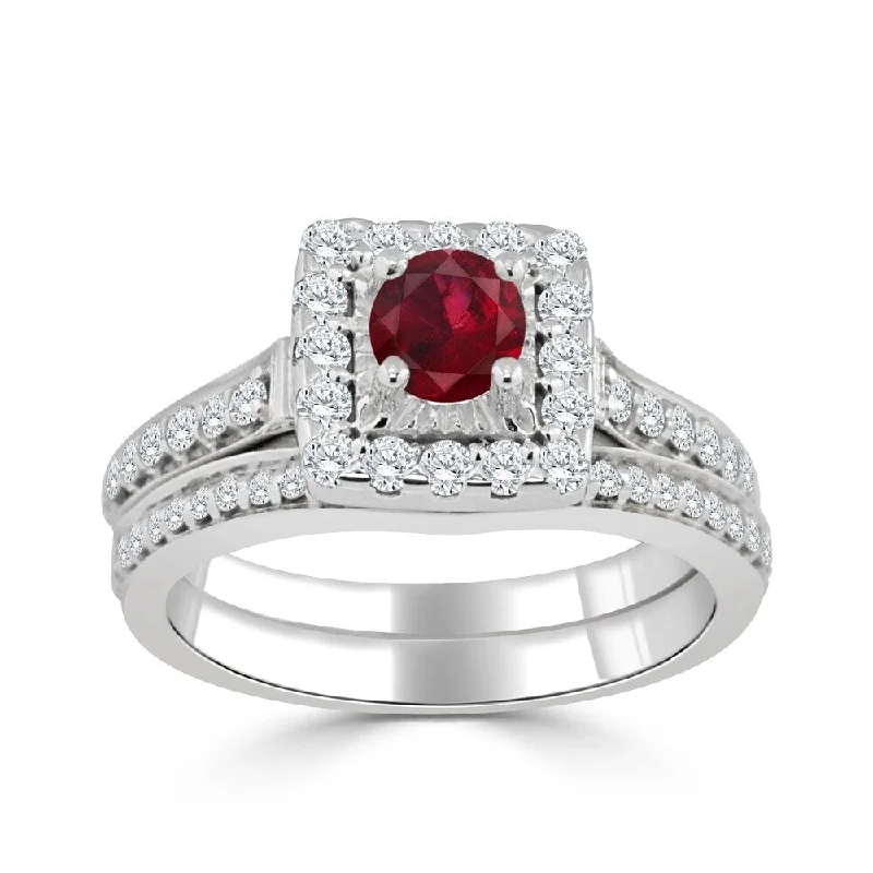 Auriya Round 2/5ct Red Ruby and 5/8cttw Diamond Halo Engagement Ring Set 14k Gold