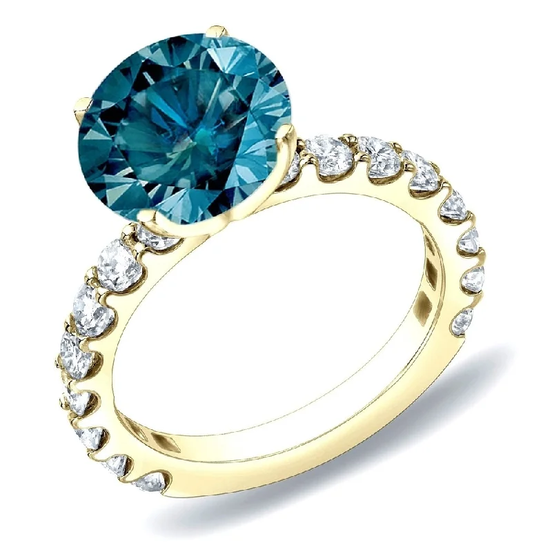 Auriya 14k Gold 2ctw Round Side Stone Blue Diamond Engagement Ring