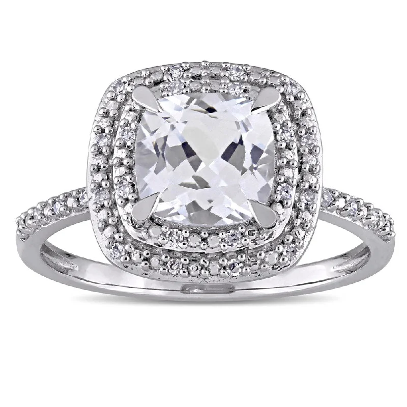 Miadora 10k White Gold Cushion-cut Created White Sapphire and 1/10ct TDW Diamond Double Square Halo Engagement Ring