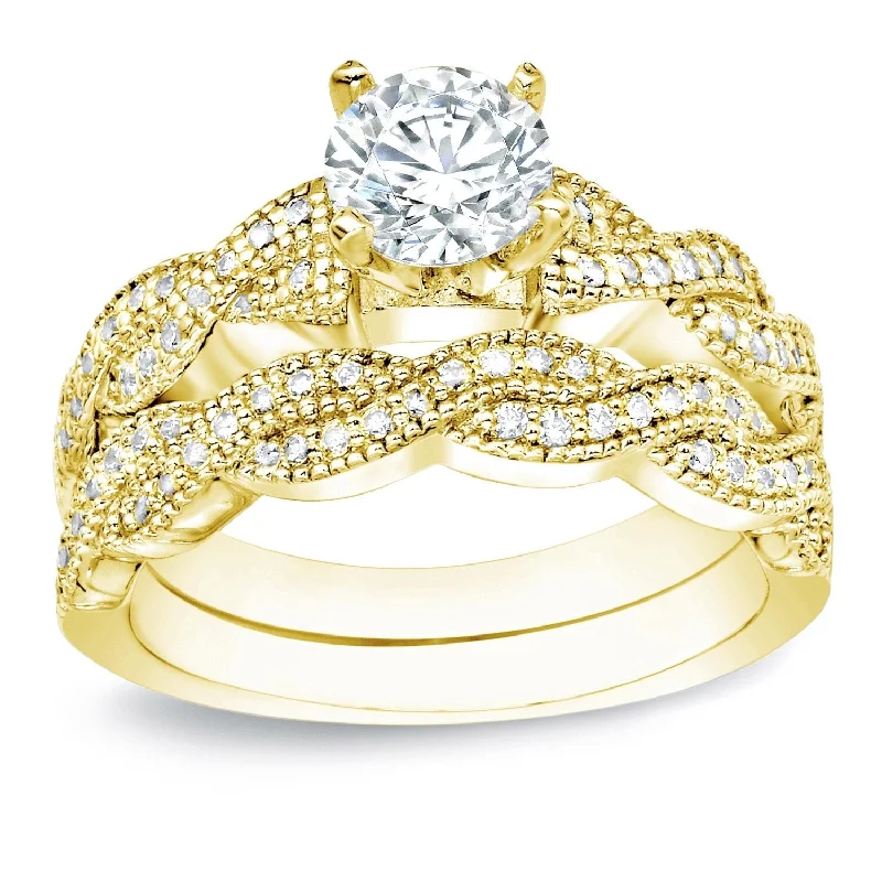 Auriya 14k Gold 1ctw Twisted Vintage Diamond Engagement Ring Set