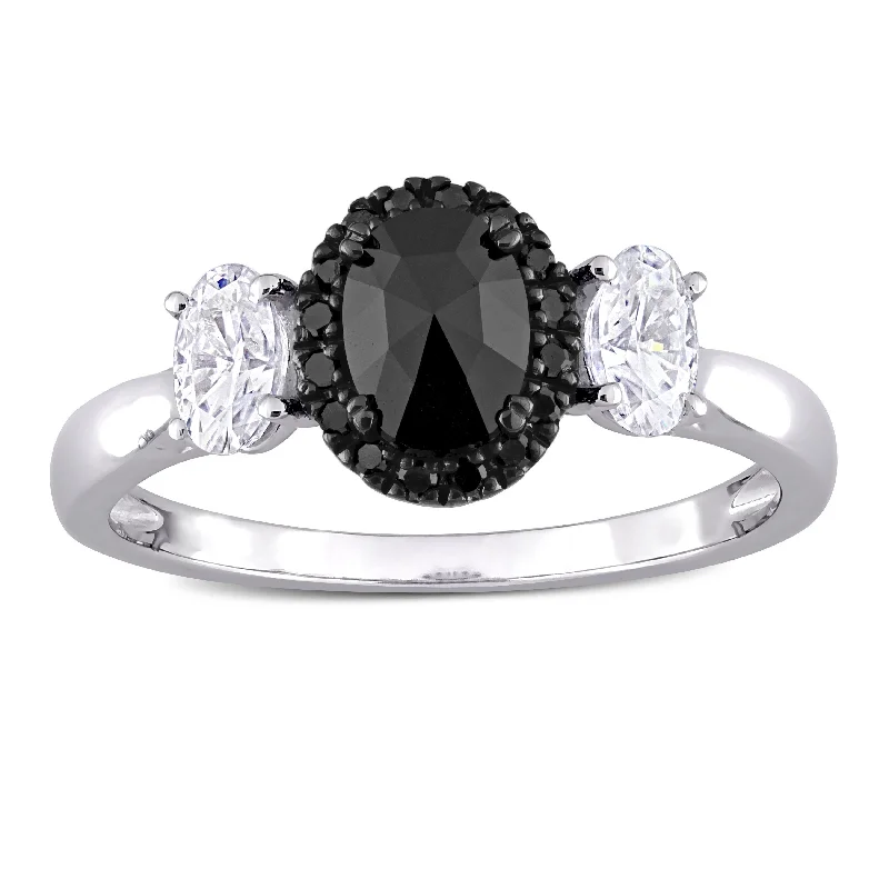 Miadora 10k White Gold 3/5ct TDW Black Diamond & Created Moissanite 3-Stone Halo Engagement Ring