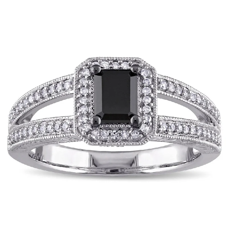 Miadora 10k White Gold 7/8ct TDW Black and White Diamond Halo Split Shank Engagement Ring