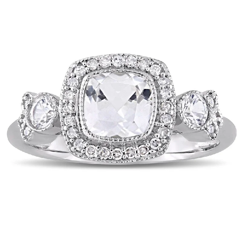 Miadora Signature Collection 10k White Gold Created White Sapphire and 1/6ct TDW Diamond Vintage 3-Stone Halo Engagement Ring