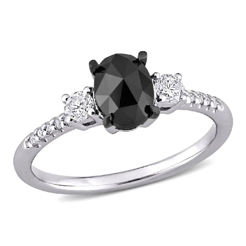 Miadora 14k White Gold 1 1/5ct TDW Black & White Oval & Round-cut Diamond 3-stone Engagement Ring