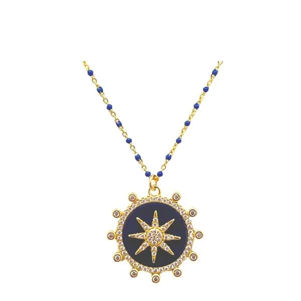 Enamel Starburst Charm on Plated or Gold Vermeil Beaded Chain:Lapis (_NGP756LP)