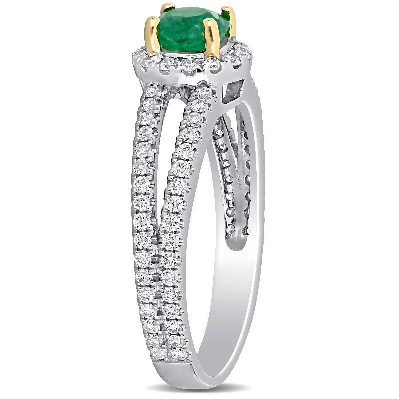 Miadora 14k 2-tone White & Yellow Gold Emerald & 1/2ct TDW Diamond Halo Split Shank Engagement Ring