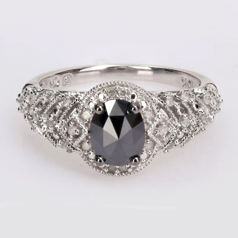 Miadora 10k White Gold 1ct TDW Oval-cut Black and White Diamond Halo Vintage Engagement Ring