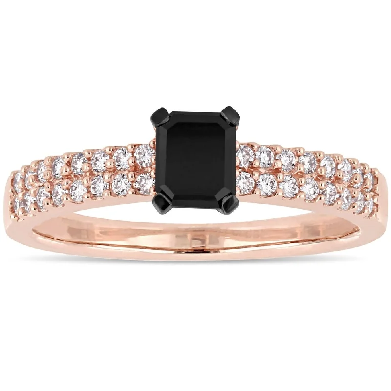 Miadora 14k Rose Gold 3/4ct TDW Emerald and Round-cut Black and White Diamond Engagement Ring